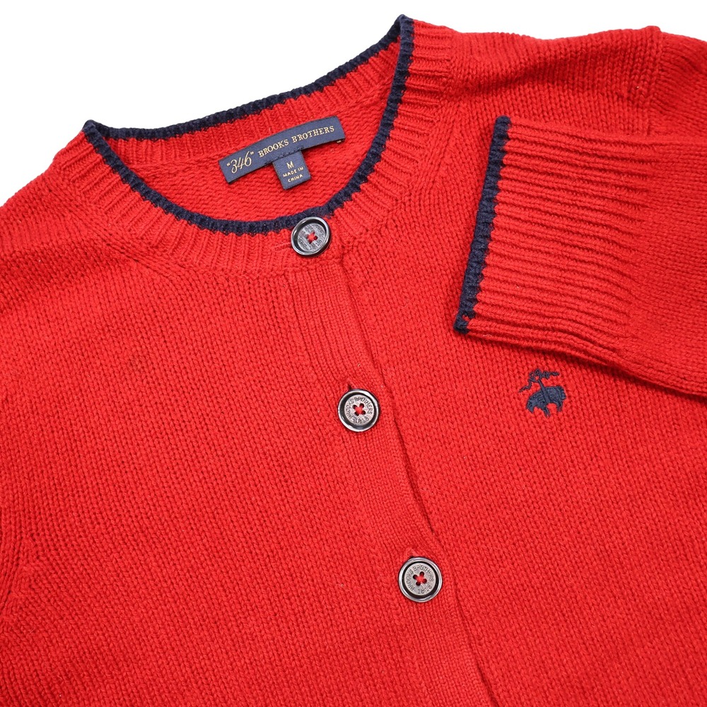 BROOKS BROTHERS Women's M Red Navy 100% Wool 346 Button Front Cardigan Sweater